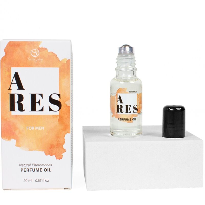Profumo naturale con feromoni SECRETPLAY ARES per uomo, 20 ml, bottiglia in olio con etichetta bianca e dettagli blu.