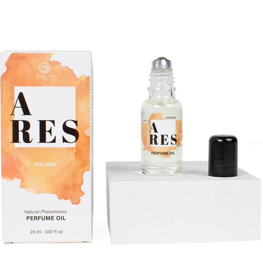 Olio di feromoni naturale SECRETPLAY Ares per uomo, 20 ml, bottiglia con contagocce e etichetta nera.