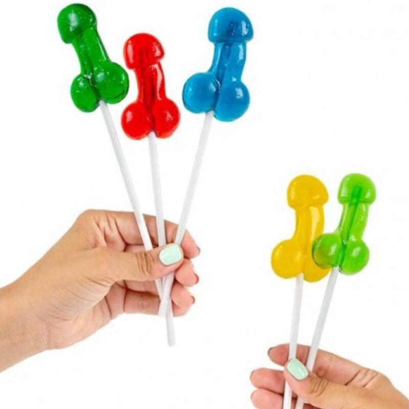 Assortimento di 40 lecca-lecca con forma di pene, marca SECRETPLAY COSMETIC, espositore con prodotti alcolici, colorati e vari.
