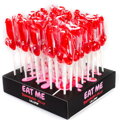 Assortimento di 40 lecca-lecca al pene con alcool del marchio SECRETPLAY COSMETIC, presentati in esposizione.