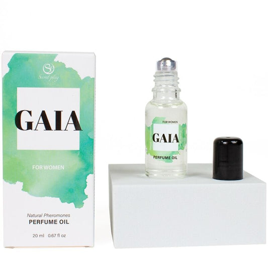 Profumo naturale Gaia di SECRETPLAY con feromoni in olio da donna, 20 ml, bottiglia con etichetta e tappo.