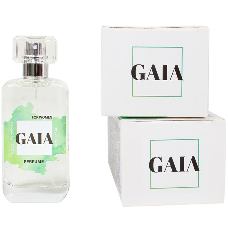 Spray per profumo naturale ai feromoni SECRETPLAY GAIA per donna, 50 ml, flacone elegante con etichetta bianca e dettagli.