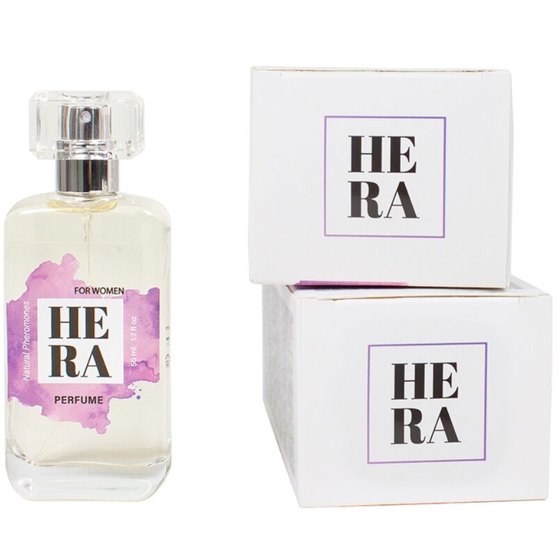 Spray di profumo naturale SECRETPLAY Hera con feromoni per donna, flacone da 50 ml, dettagli del flacone e etichetta.