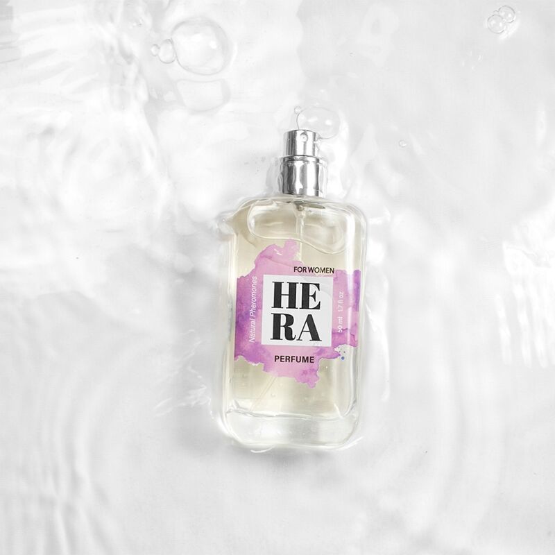 Spray di profumo naturale SECRETPLAY HERA con feromoni per donna, flacone da 50 ml, con etichetta e spray aerosol.