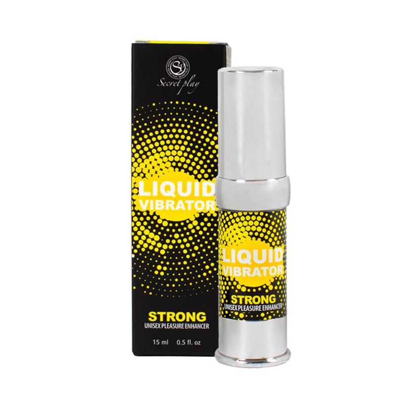 Liquido vibratore stimolatore unisex forte SECRETPLAY COSMETIC, flacone da 15 ml con etichetta e tappo nero.