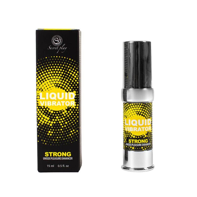 Vibratore stimolatore unisex forte SECRETPLAY in flacone da 15 ml, confezione con etichetta e dettagli del prodotto.