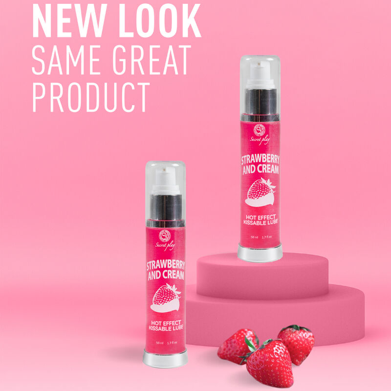 Lubrificante 2-in-1 SECRETPLAY con effetto calore, fragola e crema, bottiglia da 50 ml, confezione con etichetta e dettagli.