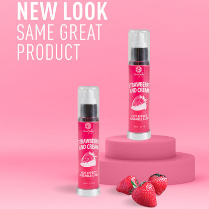 Lubrificante 2-in-1 SECRETPLAY con effetto calore, fragola e crema, bottiglia da 50 ml, confezione con etichetta e dettagli.