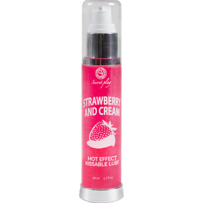 Lubrificante 2-in-1 SECRETPLAY COSMETIC con effetto calore, fragola e crema, 50 ml, bottiglia con etichetta colorata e logo.