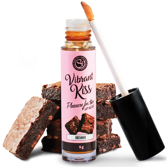 Labbra lucide con tinta vibrante SECRETPLAY VIBRANT KISS in tonalità Brownie, confezione con applicatore e design elegante.