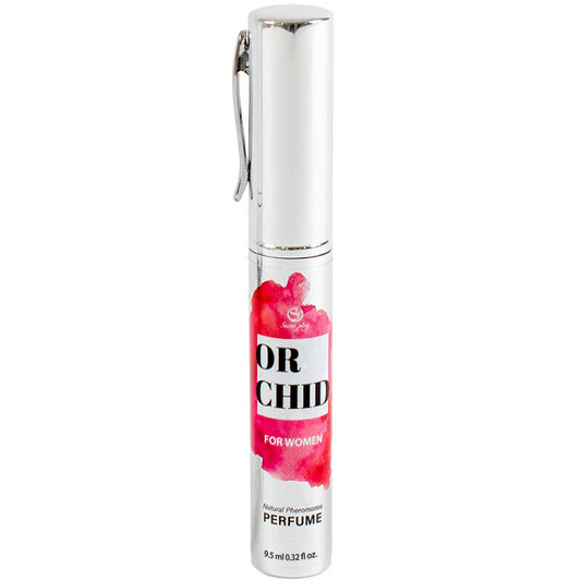 Spray profumo orchidea con feromoni SECRETPLAY per donna, formato da viaggio, confezione compatta e elegante.