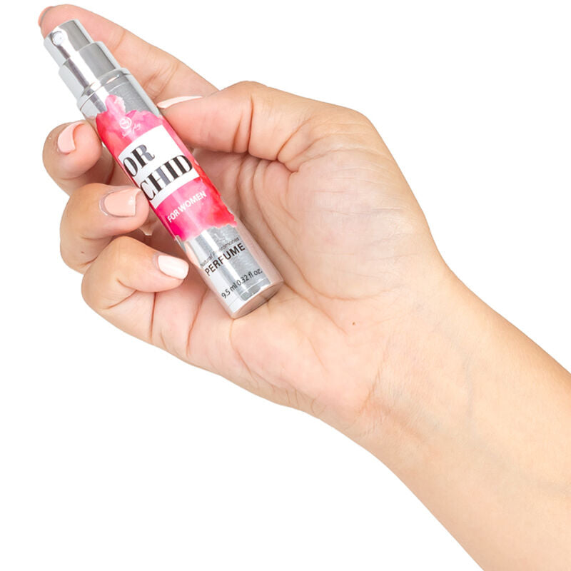 Spray profumo orchidea feromoni donna SECRETPLAY Cosmetic, formato da viaggio, con flacone elegante e design femminile.