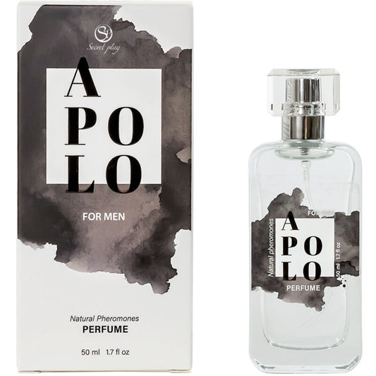 Spray profumo ai feromoni naturali SECRETPLAY APOLO da 50 ml, flacone elegante con etichetta bianca e dettagli blu.