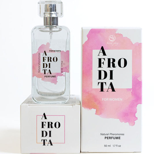 Spray profumo ai feromoni naturali di Afrodite di SECRETPLAY COSMETIC, flacone da 50 ml, con etichetta e spray.