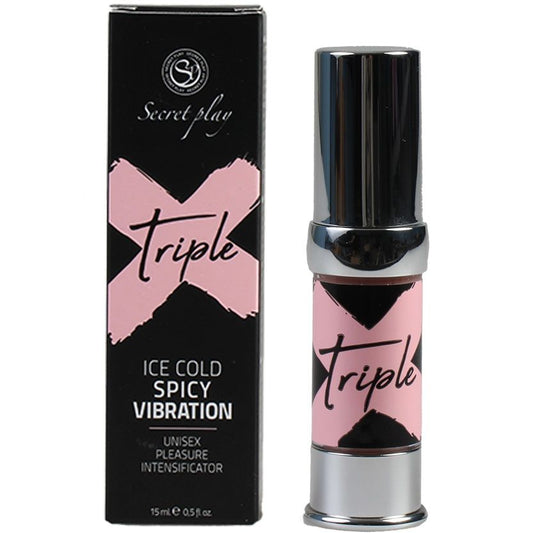 Flacone di SECRETPLAY Triple X Unisex Pleasure Intensificator di SECRETPLAY COSMETIC, con etichetta e apertura spray.