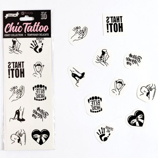 Set di 10 tatuaggi temporanei SECRET PLAY della collezione Kinky, con design vari e dettagli vivaci, perfetti per divertimento e stile.