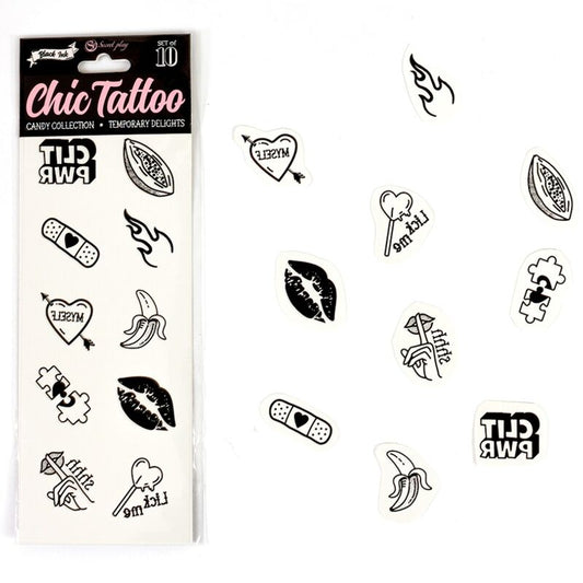 Set di 10 tatuaggi temporanei SECRET PLAY della collezione Candy con disegni colorati e divertenti, visibili sull'immagine.
