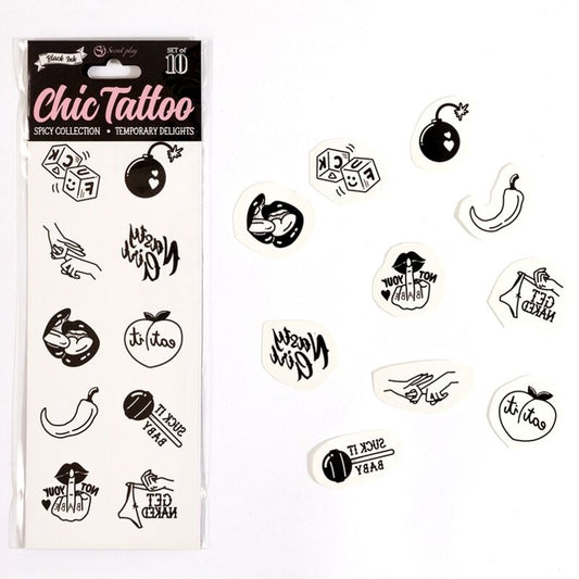 Set di 10 tatuaggi temporanei SECRET PLAY della collezione Spicy con disegni colorati e dettagli vivaci.