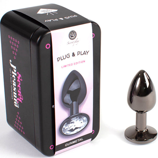 Plug anale SECRETPLAY in metallo gunmetal di piccola taglia, 7 cm, con superficie liscia e design ergonomico.