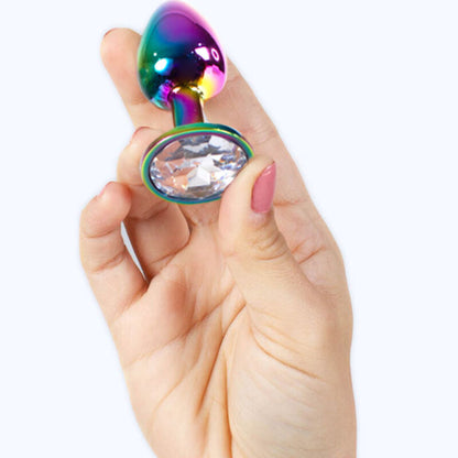 Tappo in metallo Rainbow di SECRETPLAY TOYS, dimensioni piccole di circa 7 cm, con finitura colorata arcobaleno.