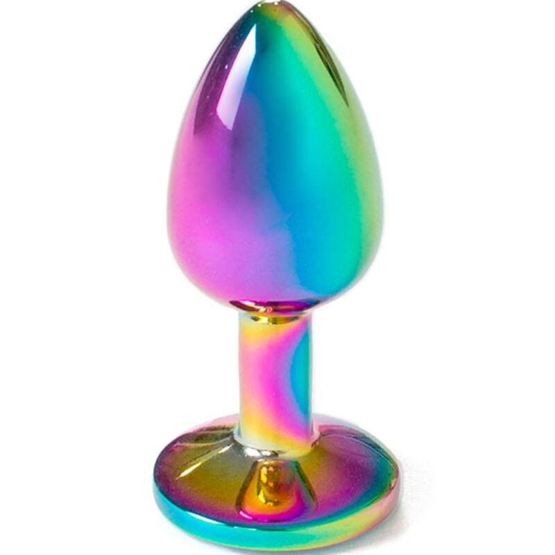 Tappo in metallo Rainbow di SECRETPLAY TOYS, piccolo, 7 cm, con finitura colorata arcobaleno, visibile in immagine.