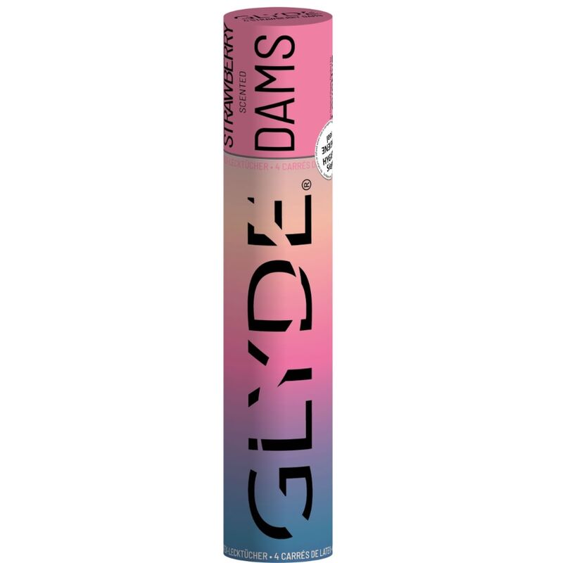 Preservativi SHEER GLYDE Dams Laminas Lattice, design trasparente e fragola, per sesso orale sicuro e piacevole.