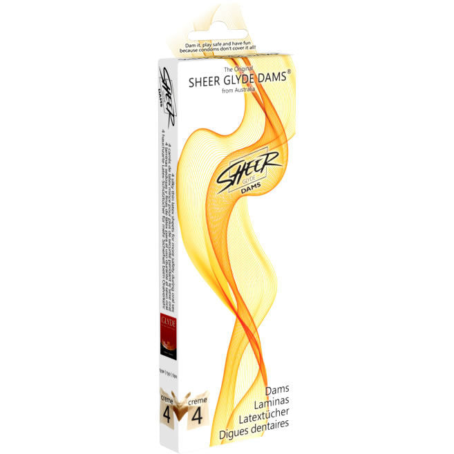 Preservativi SHEER GLYDE Dams Laminas Lattice aroma vaniglia, confezione con dettagli del prodotto per sesso orale sicuro e confortevole.