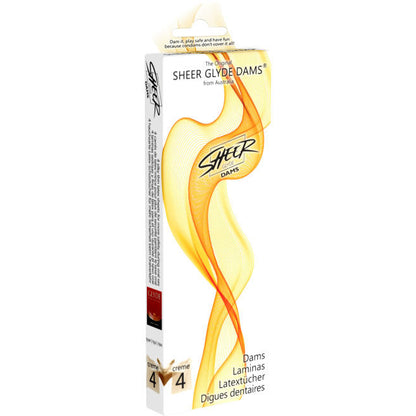 Preservativi SHEER GLYDE Dams Laminas Lattice aroma vaniglia, confezione con dettagli del prodotto per sesso orale sicuro e confortevole.