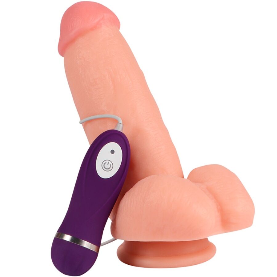 Dildo vibratore SHEQU Aquila Rossa con telecomando, lungo 17 cm, in silicone con dettagli realistici, uso stimolante e discreto.