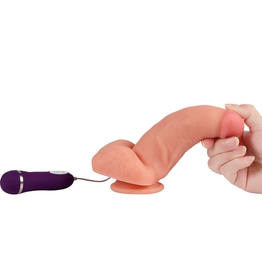Dildo vibratore SHEQU Aquila Rossa con telecomando, lungo 17 cm, in silicone con dettagli realistici e manico ergonomico.