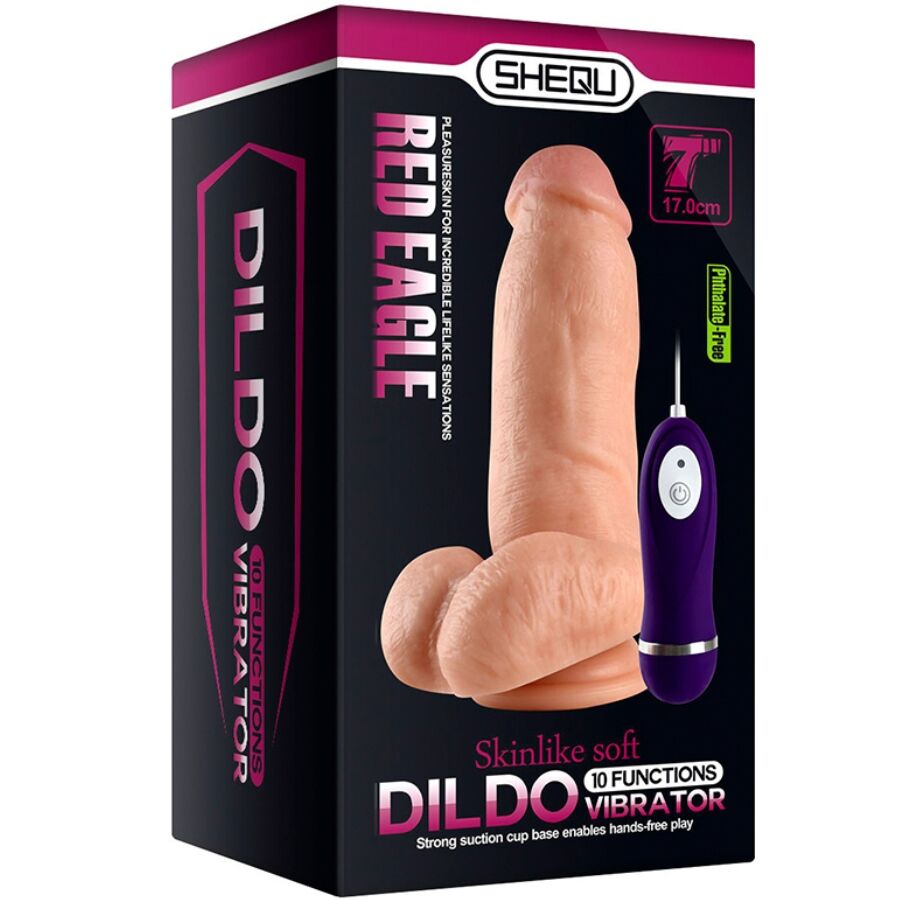 Dildo vibratore SHEQU Aquila Rossa con telecomando, lunghezza 17 cm, dettagli realistici e design ergonomico.