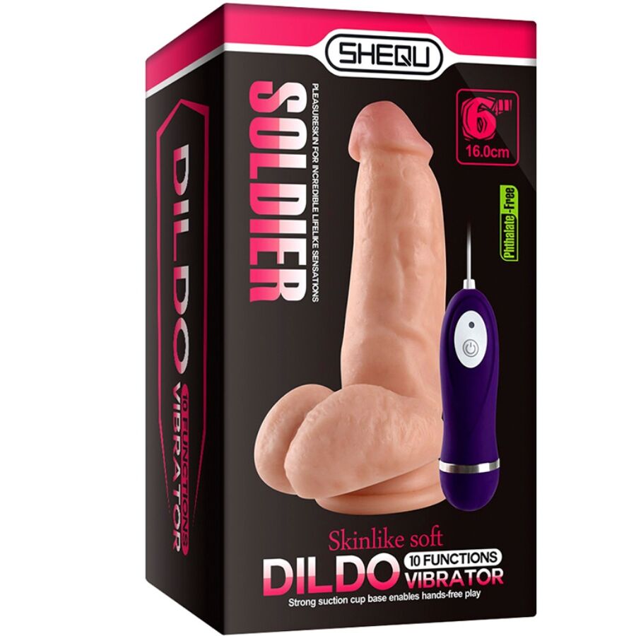 Dildo vibratore SHEQU con telecomando, lunghezza di 16 cm, in materiale resistente, con design realistico e dettagliato.