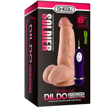 Dildo vibratore SHEQU con telecomando, lunghezza di 16 cm, in materiale resistente, con design realistico e dettagliato.
