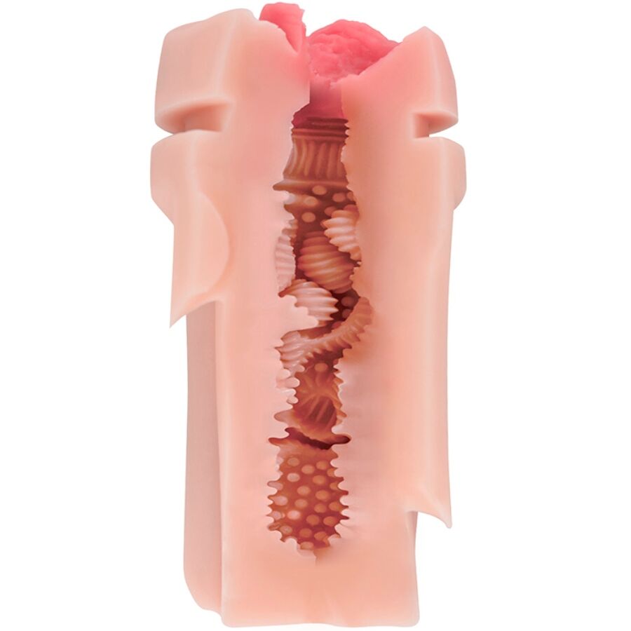 Masturbatore femminile SHEQU FANNY con vibrazione, dettagli realistici e morbida superficie per piacere intimo.