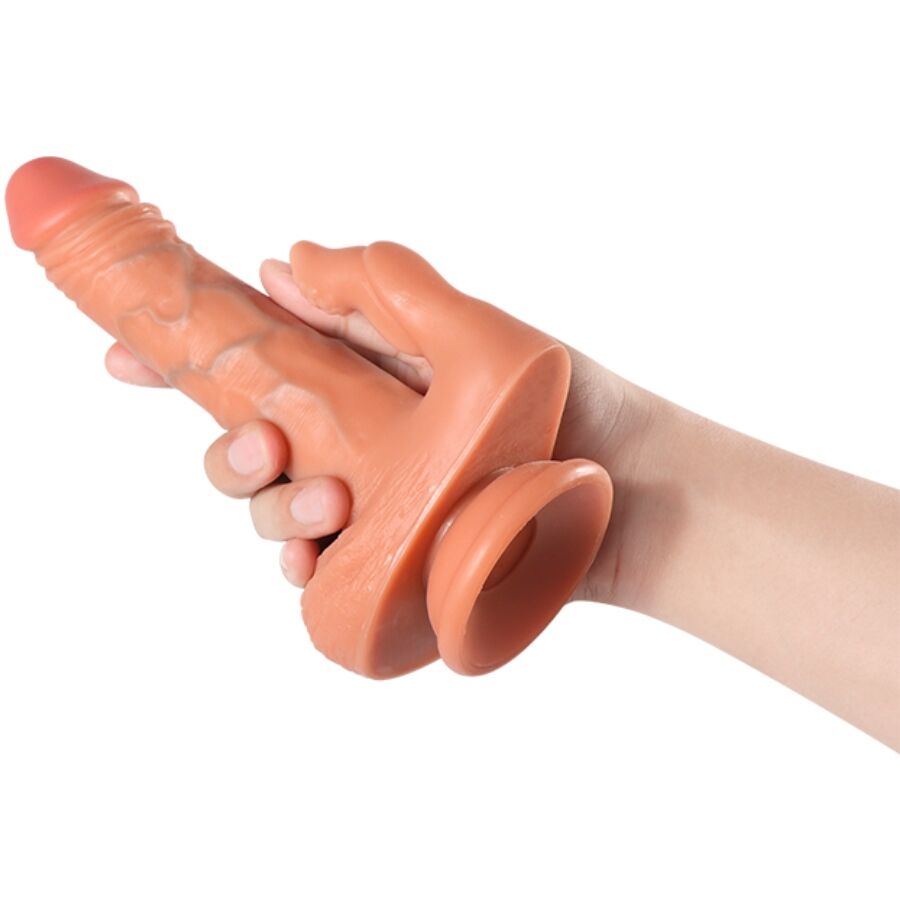 Dildo e stimolatore clitoride SHEQU Julian con vibrazione e telecomando, lungo 16 cm, in silicone nero, dettagli realistici.