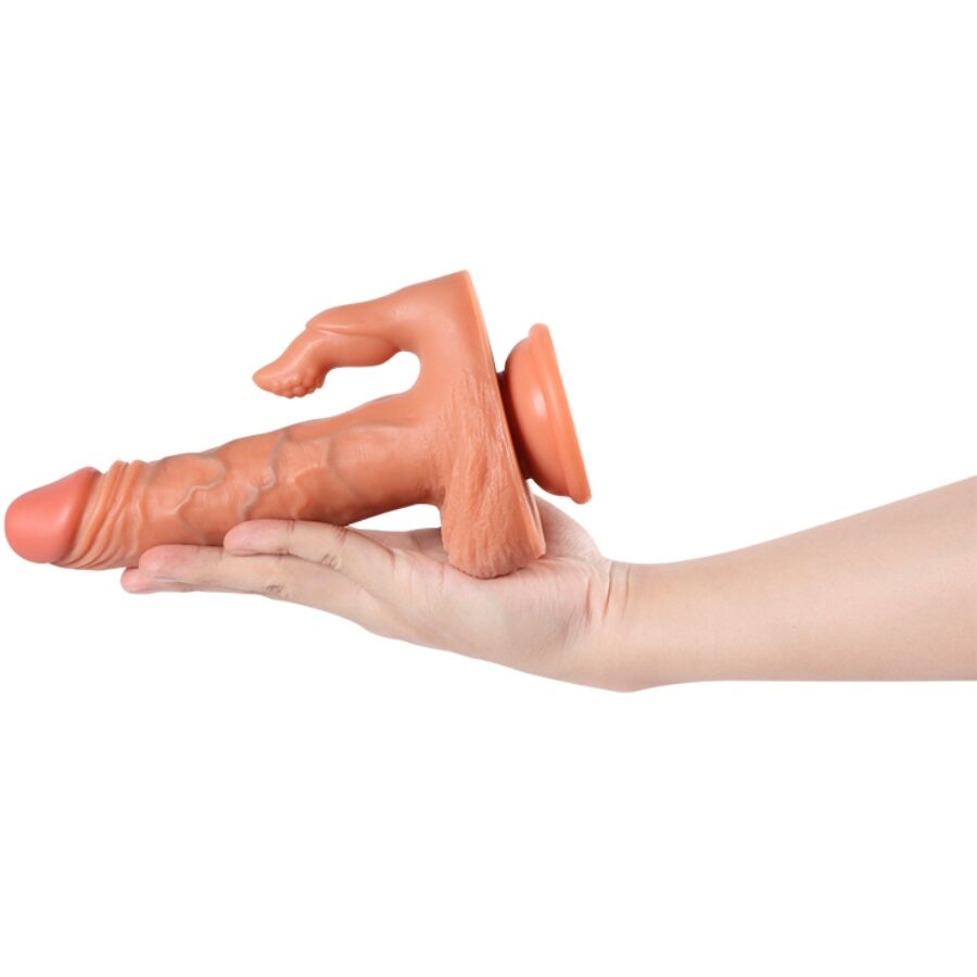 Dildo e stimolatore clitoride SHEQU Julian con vibrazione e telecomando, lunghezza di 16 cm, in silicone rosa.