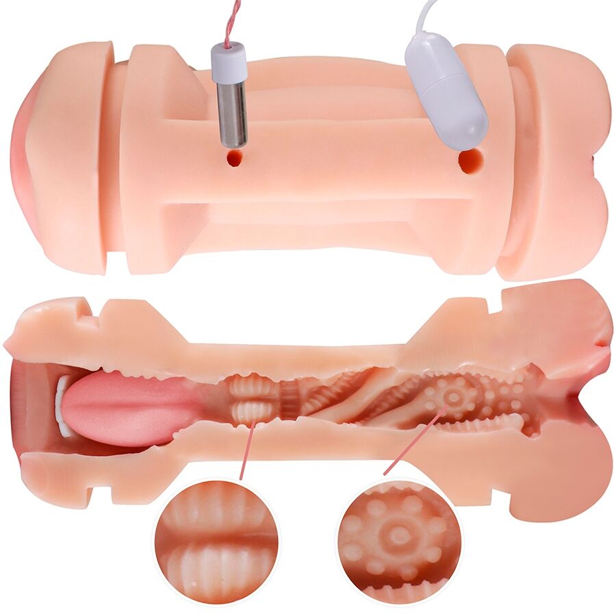 Masturbatore doppia bocca SHEQU Kay con vibrazione per stimolazione vaginale, dettagli realistici e design ergonomico.