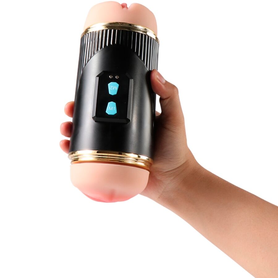 Masturbatore SHEQU Kay con doppia bocca e vibrazione della vagina, dettagli realistici e design ergonomico.