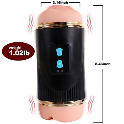 Masturbatore SHEQU Kay Doppio con doppia bocca e vibrazione della vagina, dettaglio del prodotto in silicone nero.