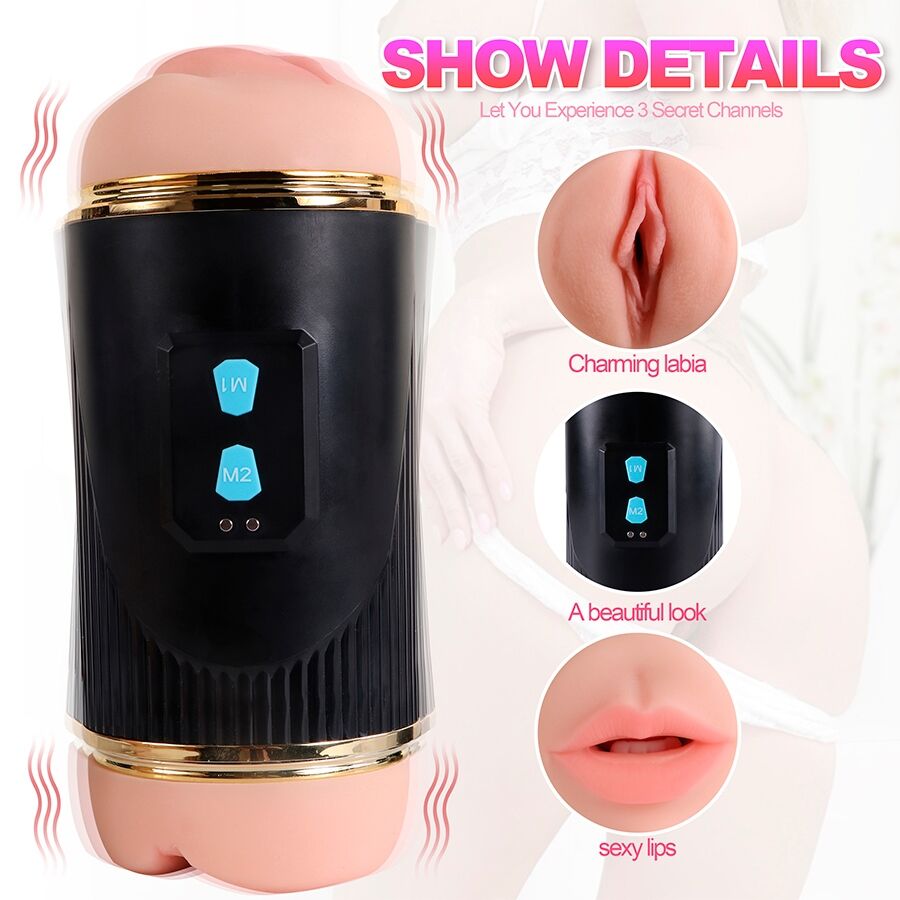 Masturbatore SHEQU Kay con doppia bocca e vibrazione della vagina, design realistico e dettagliato, per piacere intimo.
