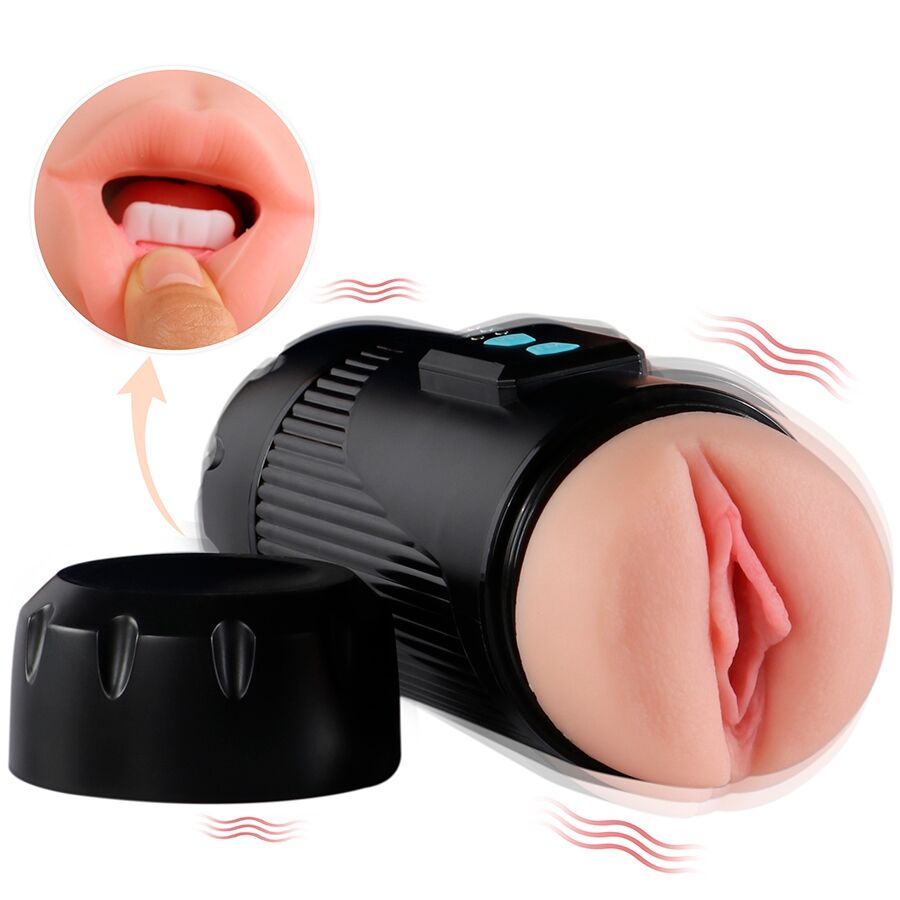 Masturbatore SHEQU Kay doppio con due aperture e vibrazione della vagina, dettagli realistici e design ergonomico.