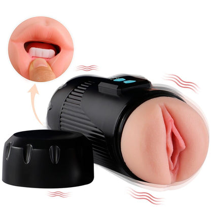 Masturbatore SHEQU Kay doppio con due aperture e vibrazione della vagina, dettagli realistici e design ergonomico.