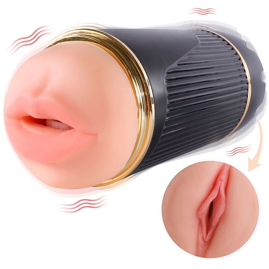 Masturbatore SHEQU Kay doppia bocca con vibrazione della vagina, dettaglio del prodotto in silicone con texture interna.