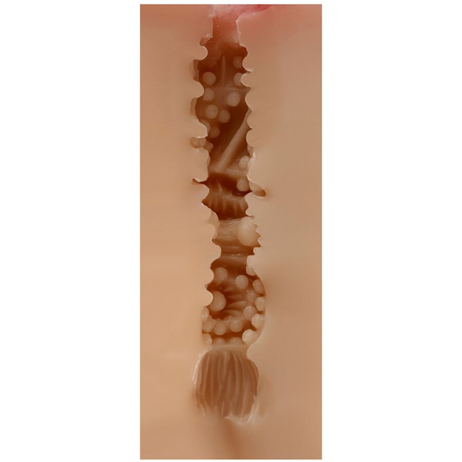 Masturbatore della vagina SHEQU Maud, dispositivo di piacere femminile con dettagli realistici, in immagini con sfondo neutro.