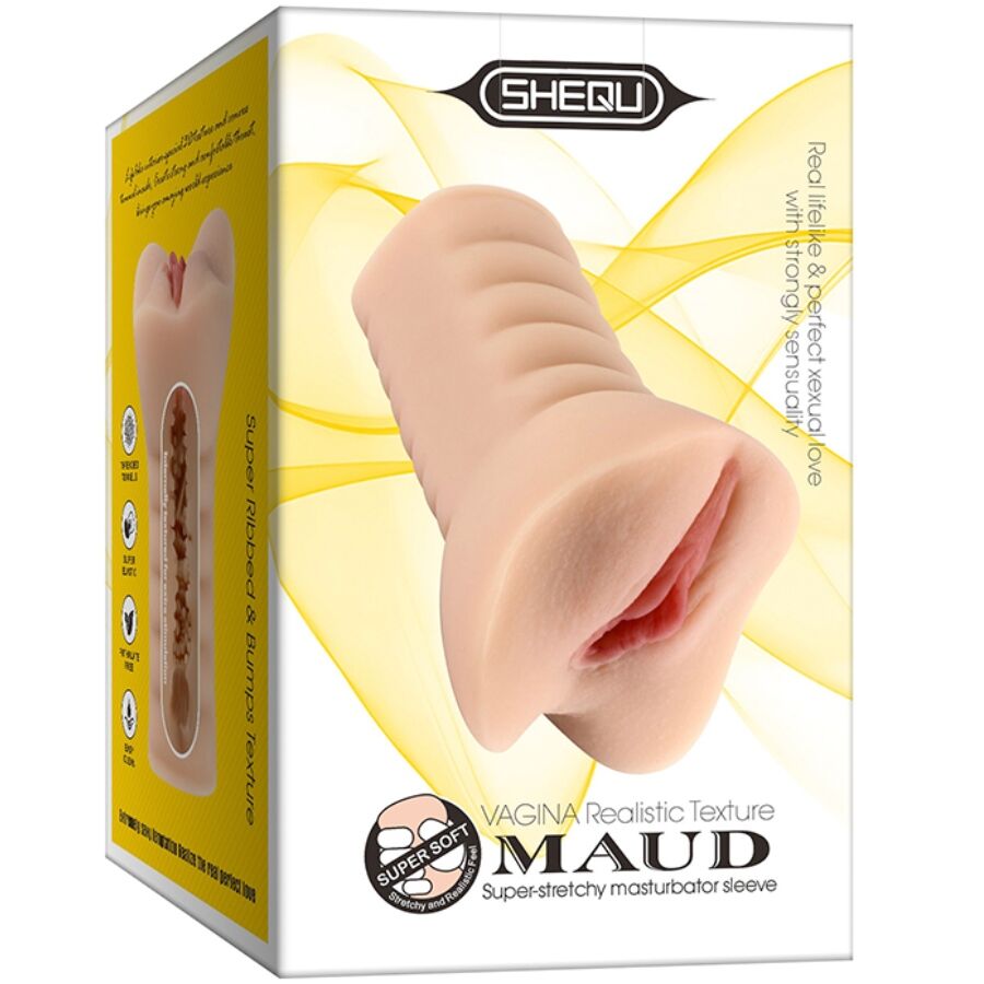 Masturbatore femminile SHEQU Maud, modello vaginale con dettagli realistici, in silicone morbido e di alta qualità.