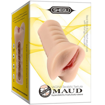 Masturbatore femminile SHEQU Maud, modello vaginale con dettagli realistici, in silicone morbido e di alta qualità.