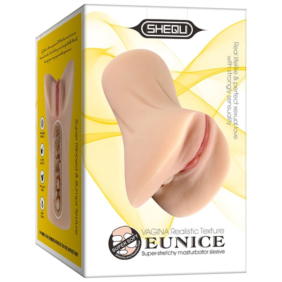 Masturbatore vagina Eunice del marchio SHEQU, dettagli realistici e morbidi, pronto all'uso, visibile nell'immagine.