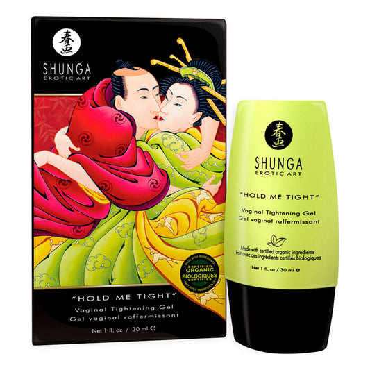 Gel restringente vaginale Hold Me Tight di SHUNGA APHRODISIACS, contenuto in tubo con etichetta nera.