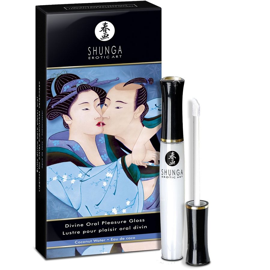 Lucidalabbra Shunga Aphrodisiacs Divino Acqua di Cocco, confezione con lucidalabbra idratante e profumato alla cocco.