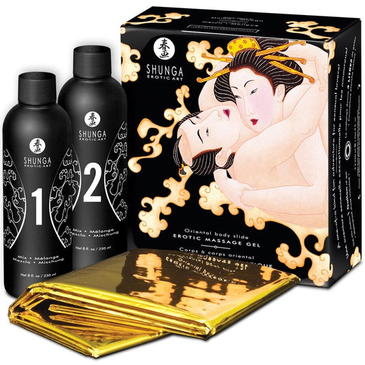 Gel da massaggio erotico corpo a corpo Shunga KITS al melone orientale, flacone con etichetta e tappo nero.